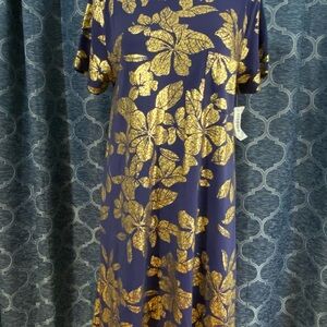 LuLaRoe Navy and Gold Floral Midi Dress